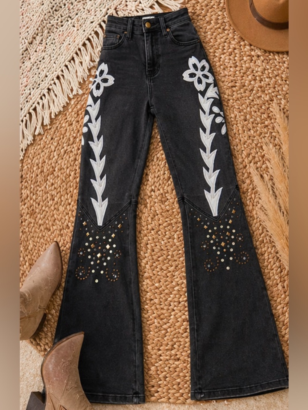 Embellished Flare Jeans with White Floral Embroidery